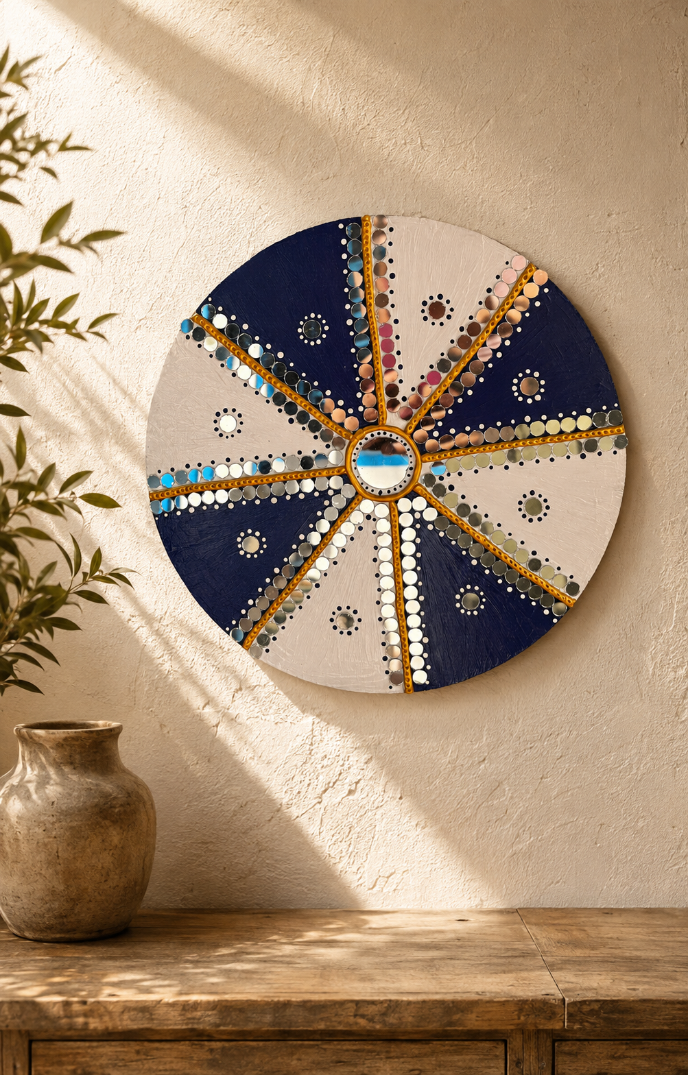 Handcrafted Lipan Art Wall Décor – Blue & White Mirror Work