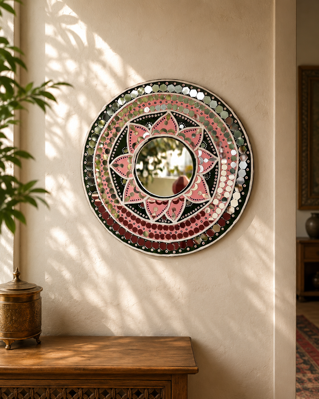Handcrafted Lipan-Inspired Mirror Wall Art – Floral Pink & Green