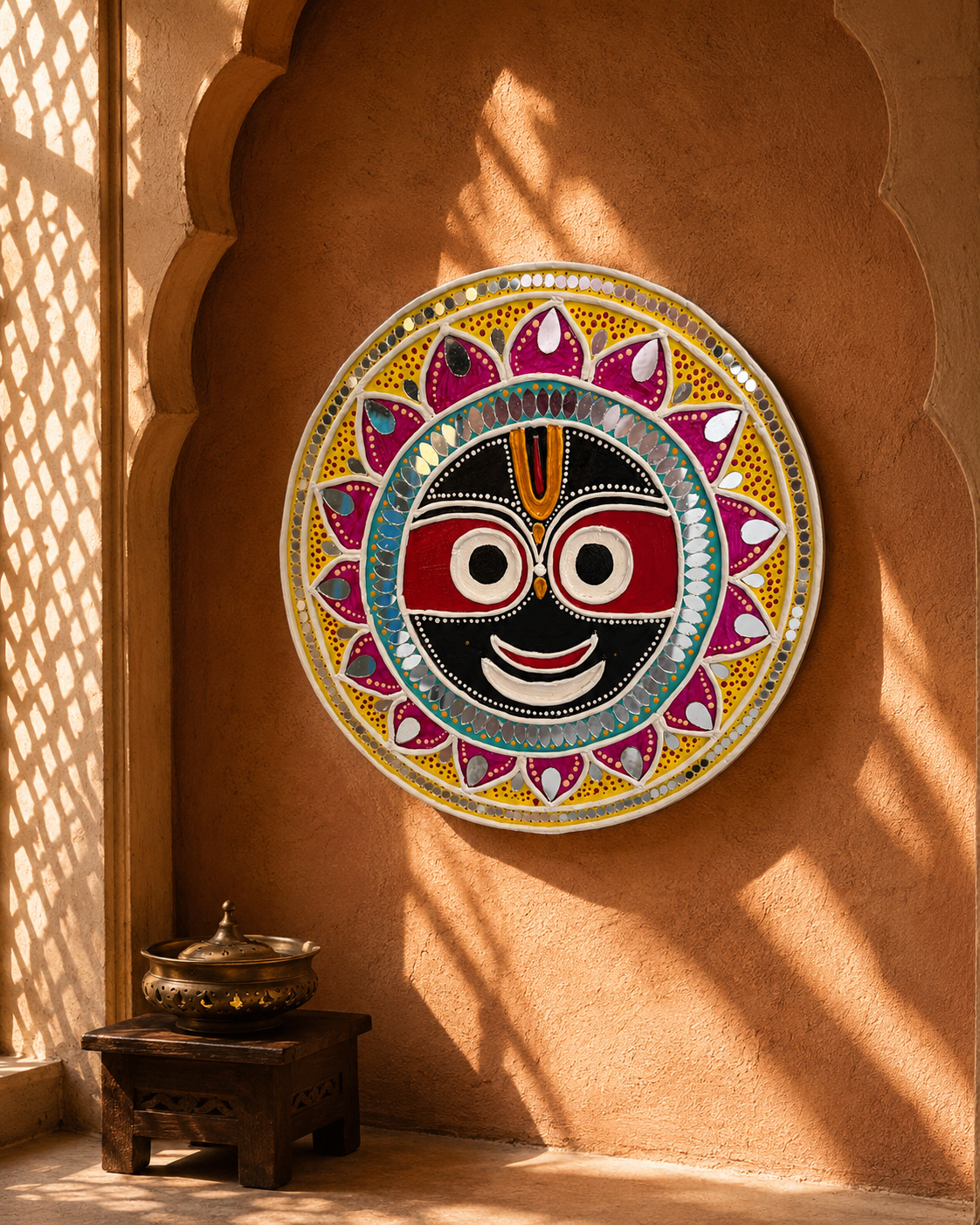 Handcrafted Jagannath-Inspired Wall Art – Colorful Lotus & Mirror Work