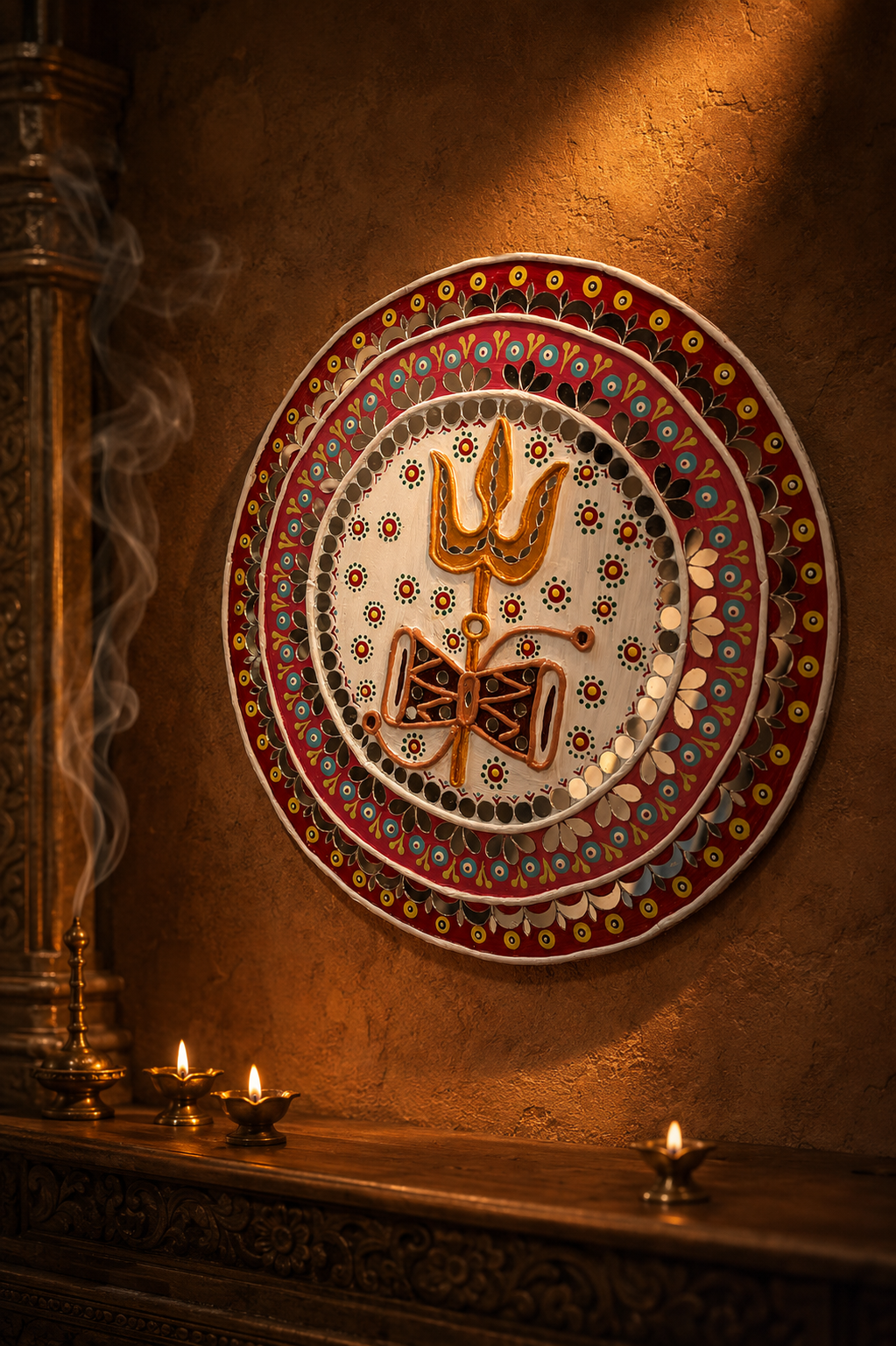 Handcrafted Shiva Trishul & Damru Wall Art – Red & Pink Mirror Work