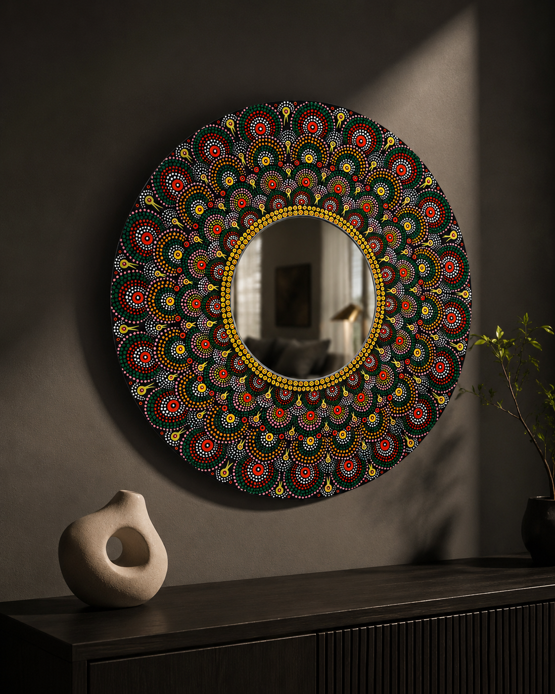 Handcrafted Dot Mandala Mirror Wall Art – Multicolor Floral Pattern