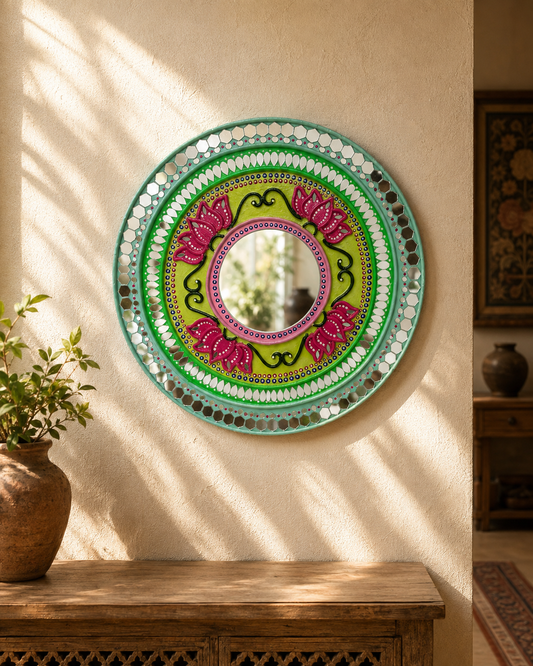 Handcrafted Lipan-Inspired Mirror Wall Art – Green & Pink Lotus Design