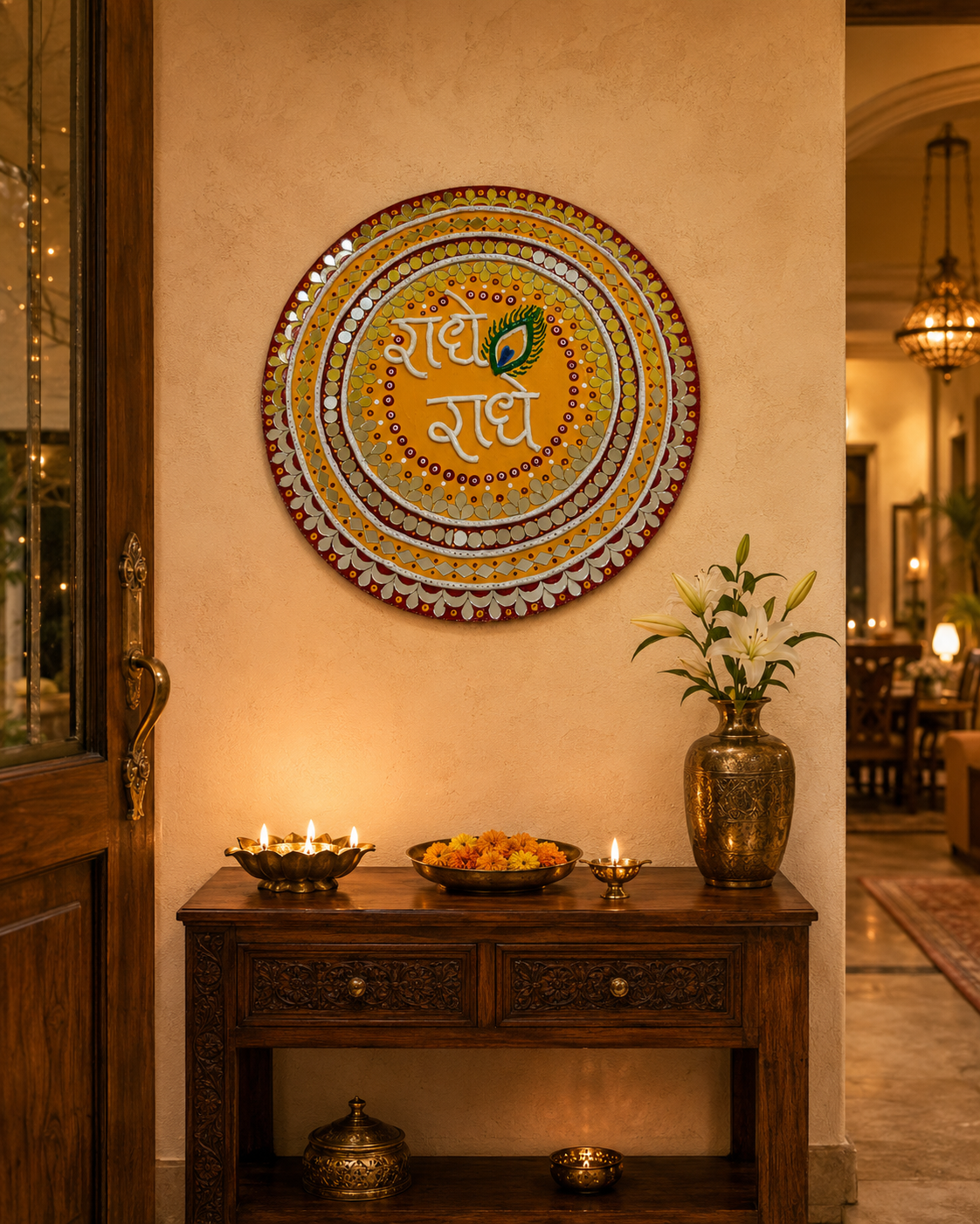 Handcrafted Shubh Labh Wall Art with Peacock Feather & Mirror Work