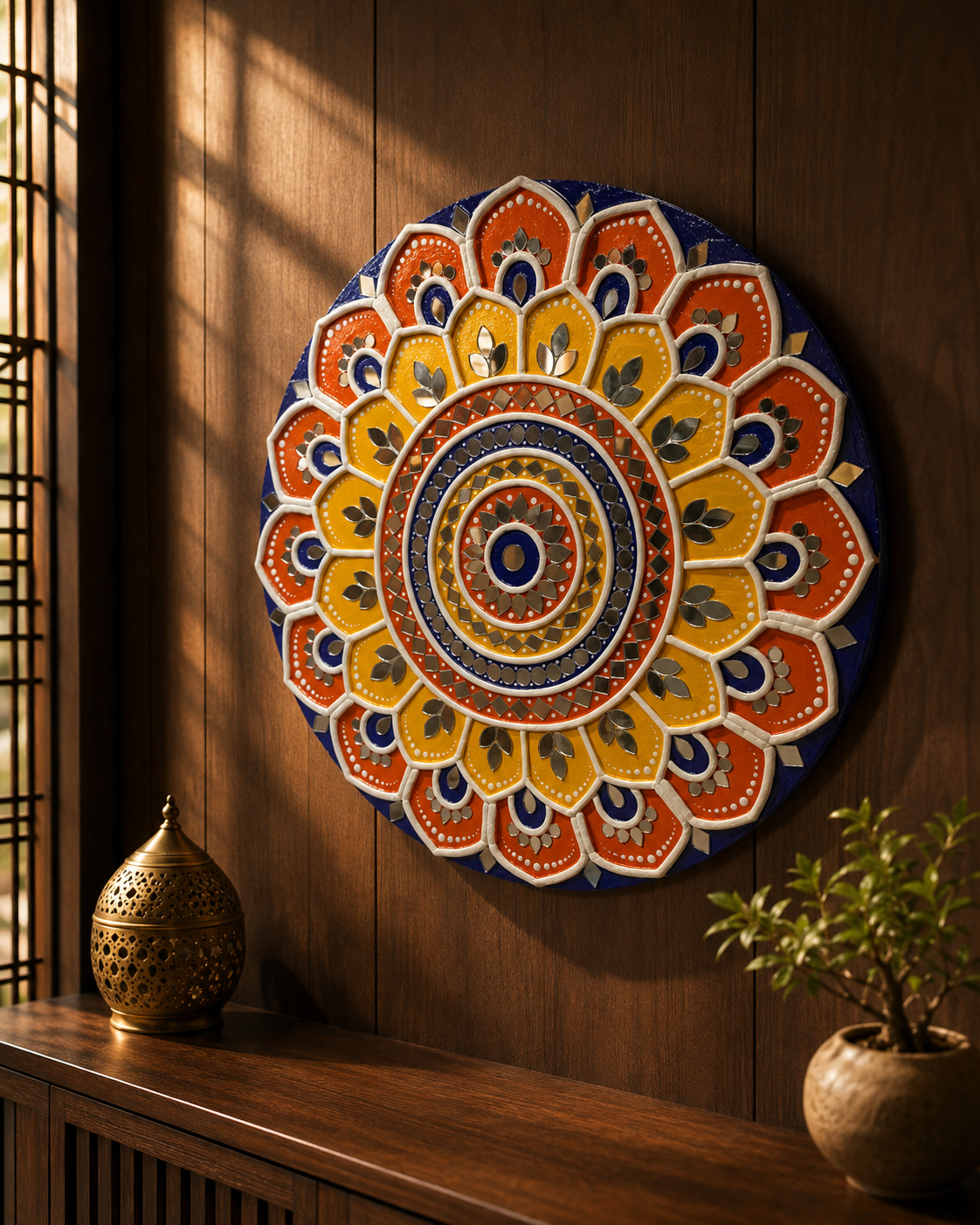 Handcrafted Lotus Mandala Wall Art – Orange, Yellow & Blue Mirror Work