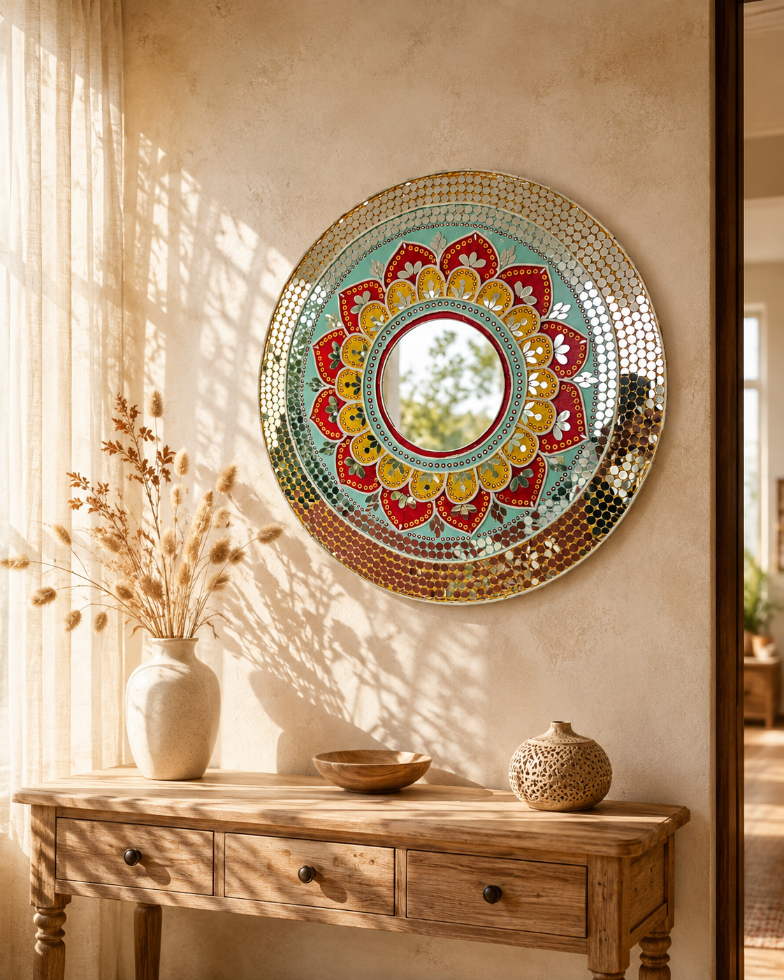 Handcrafted Mandala Mirror Wall Art – Red, Yellow & Teal Floral Design