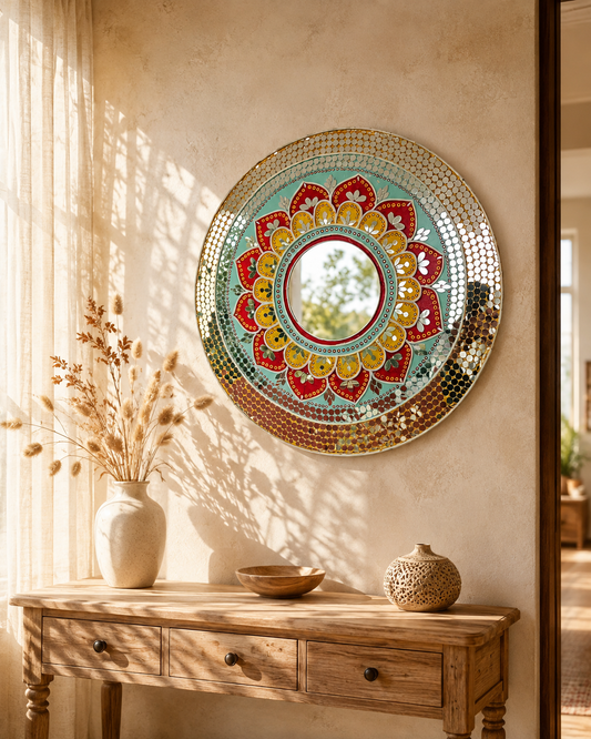 Handcrafted Mandala Mirror Wall Art – Red, Yellow & Teal Floral Design