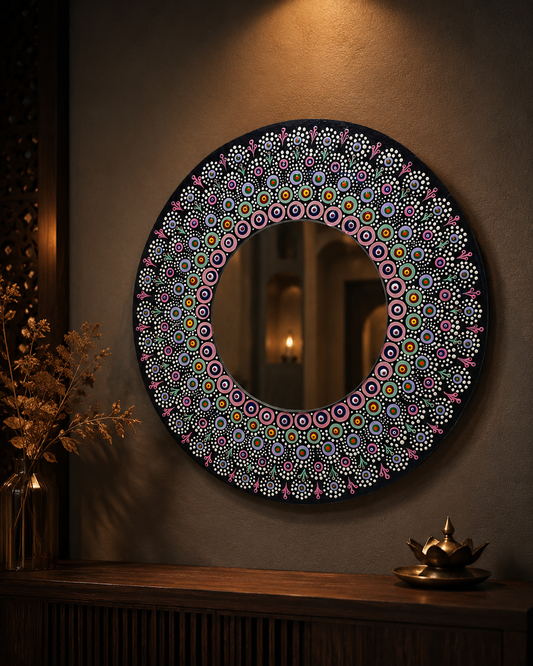Handcrafted Dot Mandala Mirror – Black & Multicolor Geometric Wall Art